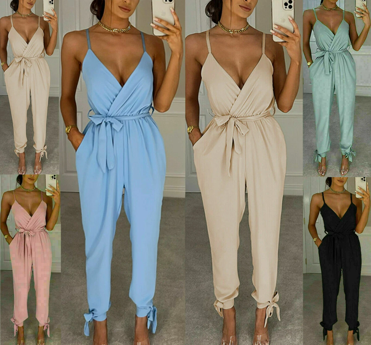 Yatemiole Women's Punk Spaghetti Strap Jumpsuit – Comfy V-Neck Loose Fit In Royal Blue (Plus Size XXL) - View #12