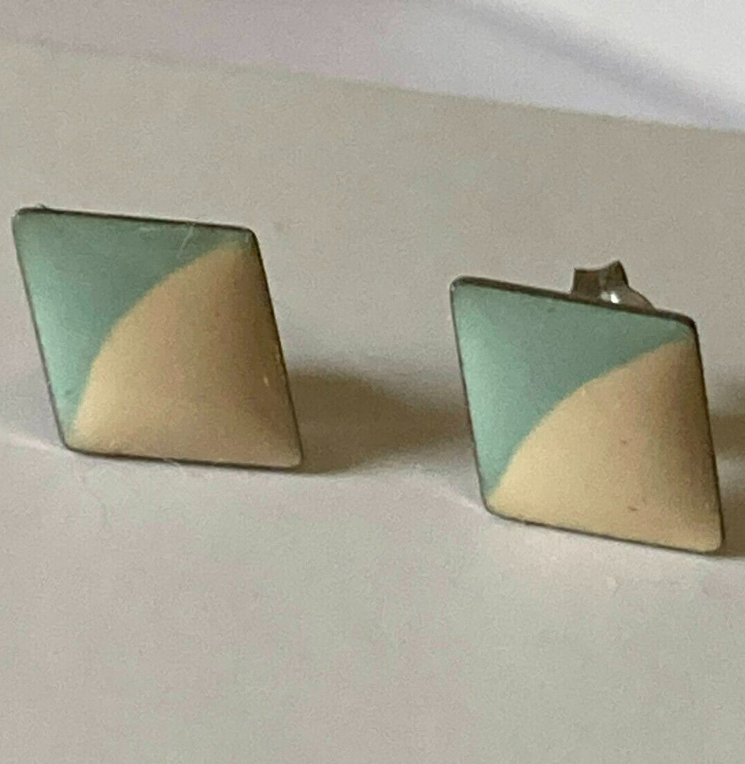 Pastel Yellow and Green Enamel Diamond Stud Earrings 0.25 Inch-image