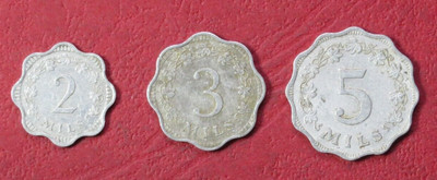 Malta Set 1: 3 Münzen 2-5 Mils 1972-1981 gebrauchte Erhaltung (USED)
