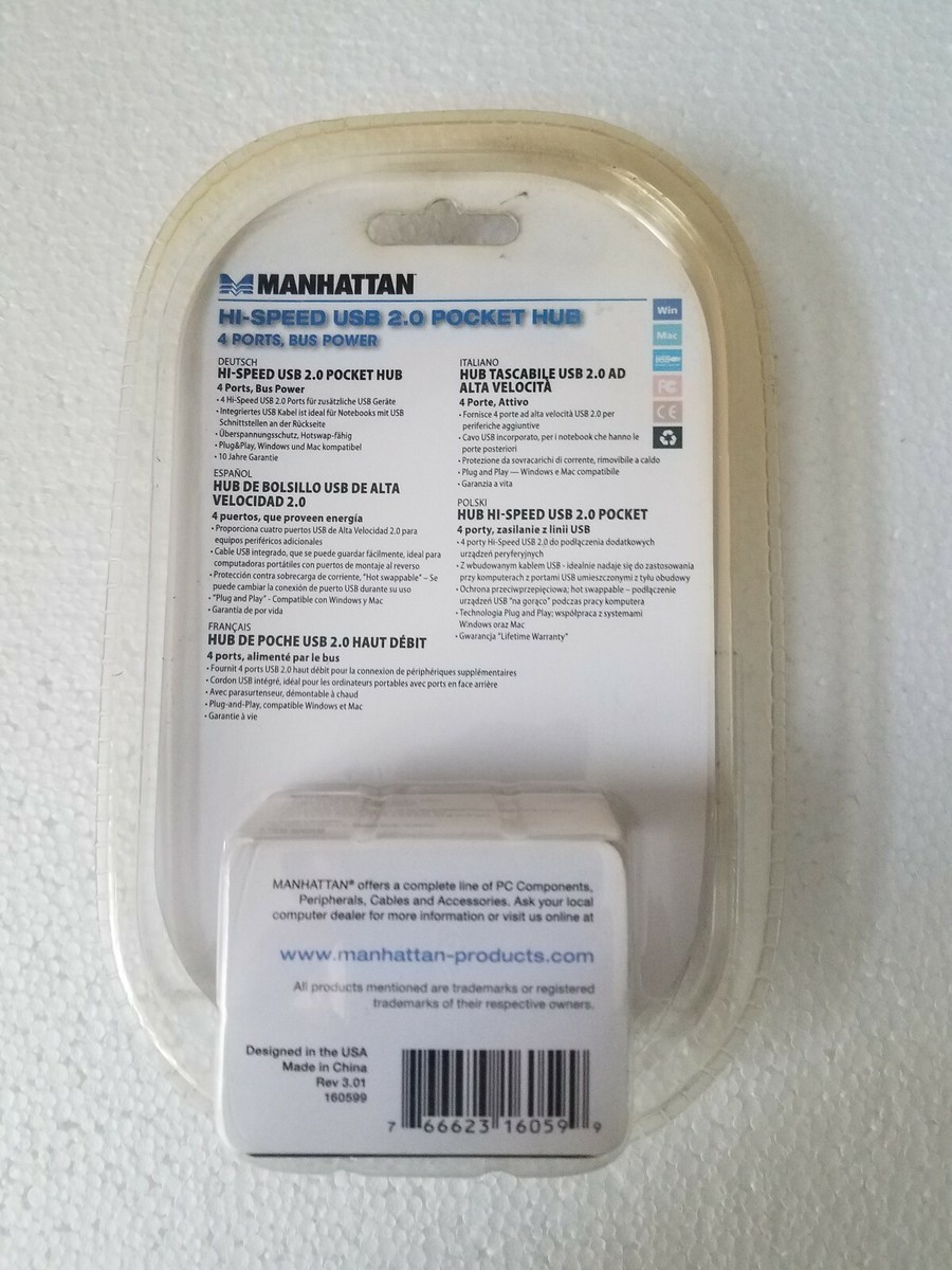 Manhattan 4-Port Hi-Speed USB Pocket Hub - Silver Model No. 160599