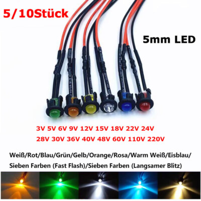 5mm vorverdrahtete LED Leuchtdiode ultrahell mit Lampenhalter 5V 6V 9V 12V -220V