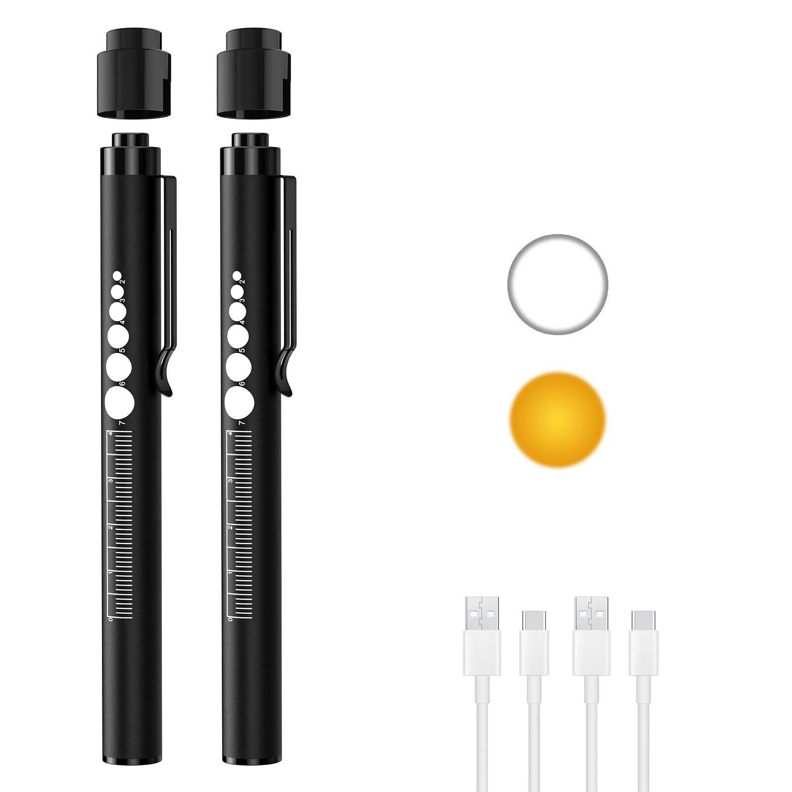 2 Rechargeable Pen Lights with Pupil Gauge & Ruler, LED Penlights for Nurses ...