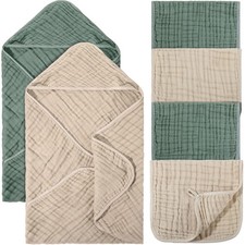 6 Pcs Baby Muslin Hooded Bath Towels Washcloths Beige Green 32x32 Inch