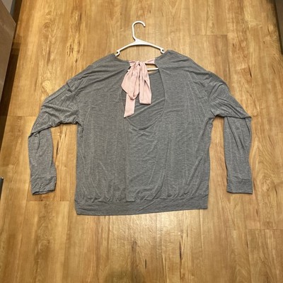 Adore Me Shirt Womens 0X Gray SOFT L/S Tunic Pink Bow Scoop Neck High Low Hem