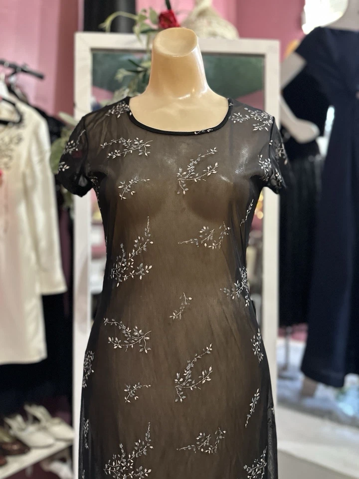 Maxi Vestido Floral Transparente Vintage Años 90 Negro Grunge Gótico Caprichoso Romántico XS/S Foto 3 de 4