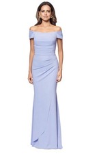 Xscape Women's Sky Blue Ruched Off-Shoulder Long Gown Dress Size 4