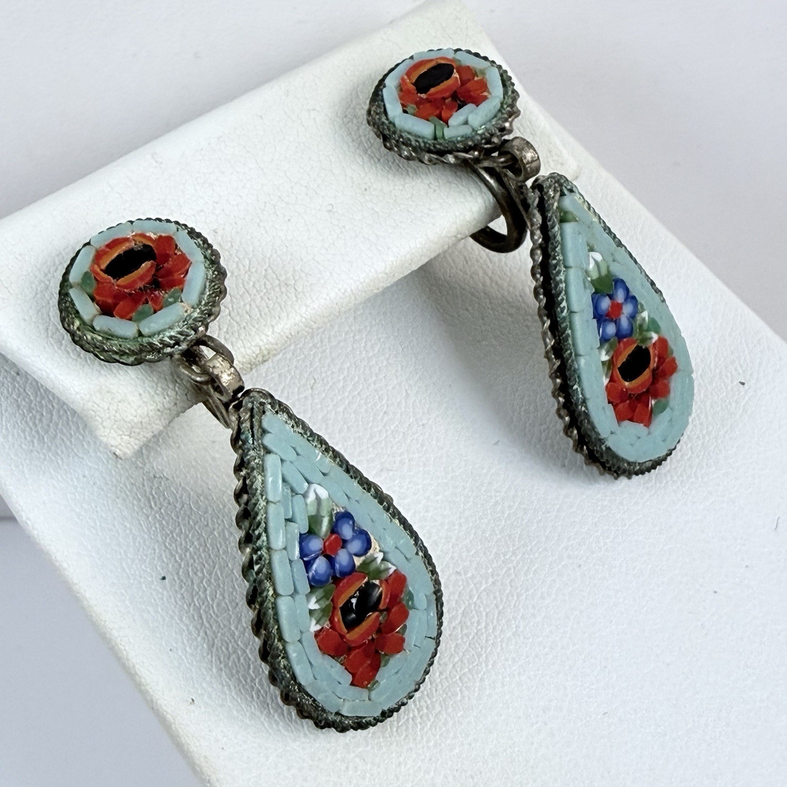 Vintage Glass MOSIAC Colorful Flower Drop Dangle Screw Back Earrings
