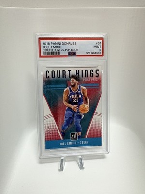 2018 Donruss Court Kings Joel Embiid Press Proof Blue 21/49 Jersey # PSA 9 Pop 1