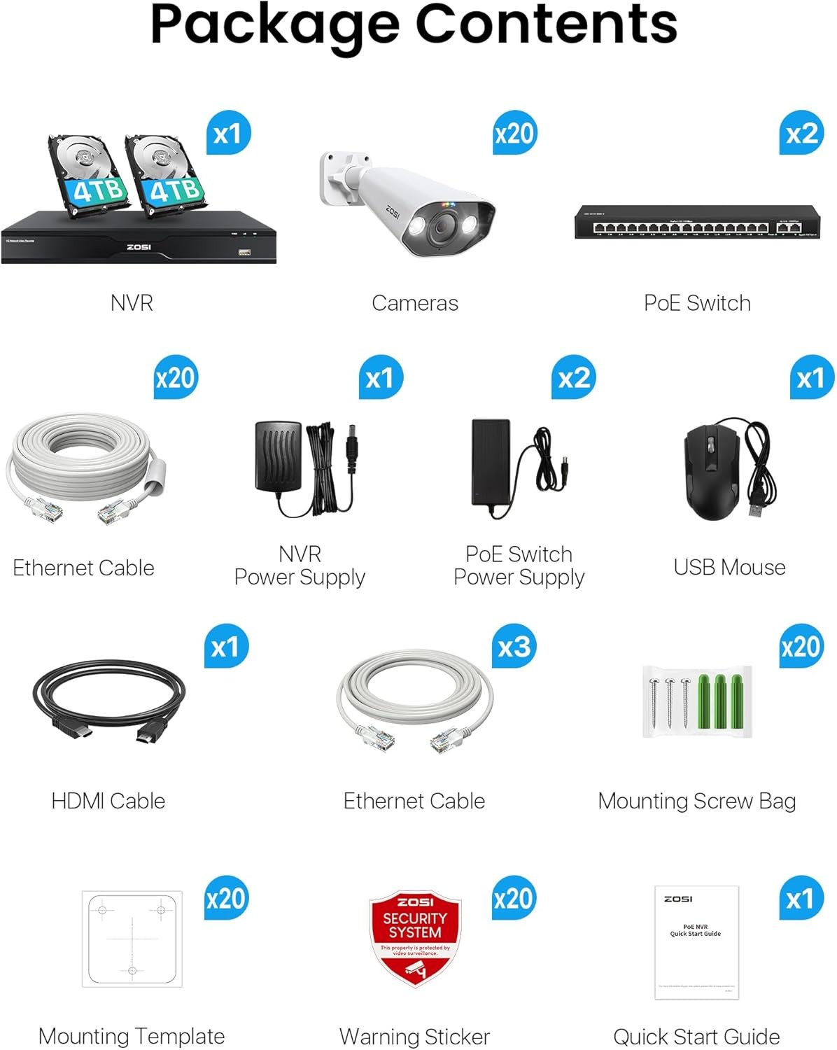 ZOSI 32CH 4K Outdoor Security Camera System 20x8MP Spotlight PoE Cameras 8TB HDD