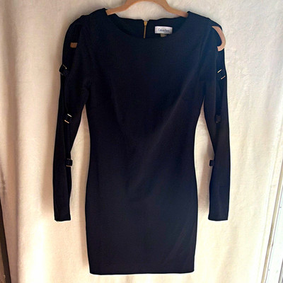 Calvin Klein Black Sheath Dress Long Sleeve Buckle Zip Back Round Neck Size 2