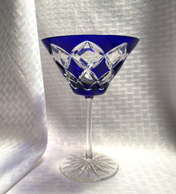 AJKA CHELSEA COCKTAIL GLASS COBALT BLUE CUT TO CLEAR CRYSTAL HUNGARY BOHEMIAN