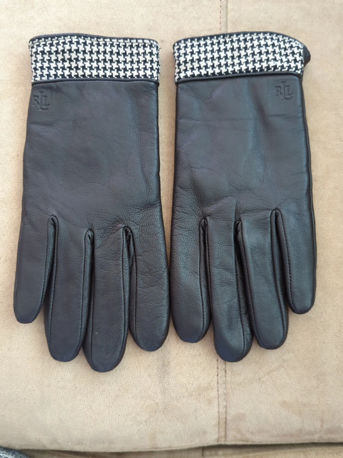 Lauren Ralph Lauren Womens XL Dark Brown Leather Gloves with Houndstooth Trim