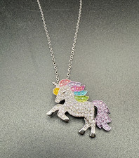 Rhinestone Unicorn Necklace Silver Tone Pendant Rainbow Mane 19 Chain