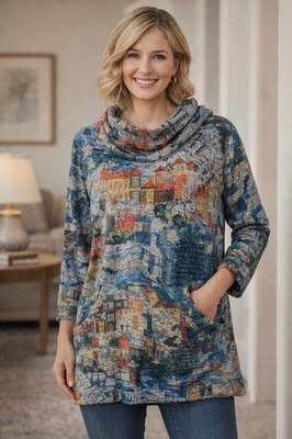 Ali Miles Artsy Abstract Village Brushed Knit Cowl Neck Tunic Top Comfy Cozy 2X
