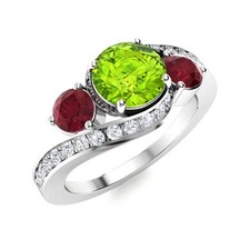 Three Stone Ring Peridot  Ruby 5MM Round 925 Sterling Silver Women Wedding Ring