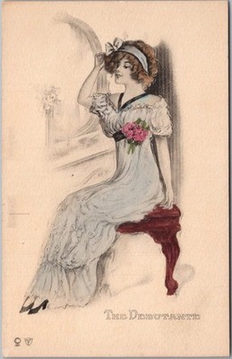 c1910s Pretty Lady Greetings / Fashion Postcard ''THE DEBUTANTE'' - Hand-Colored