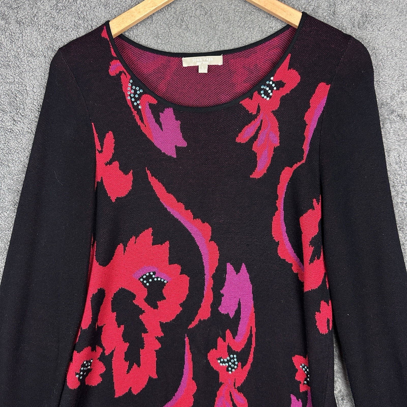 Joan Vass Rayon Knit Tunic Sweater Large Black Pink Floral Asymmetrical EUC