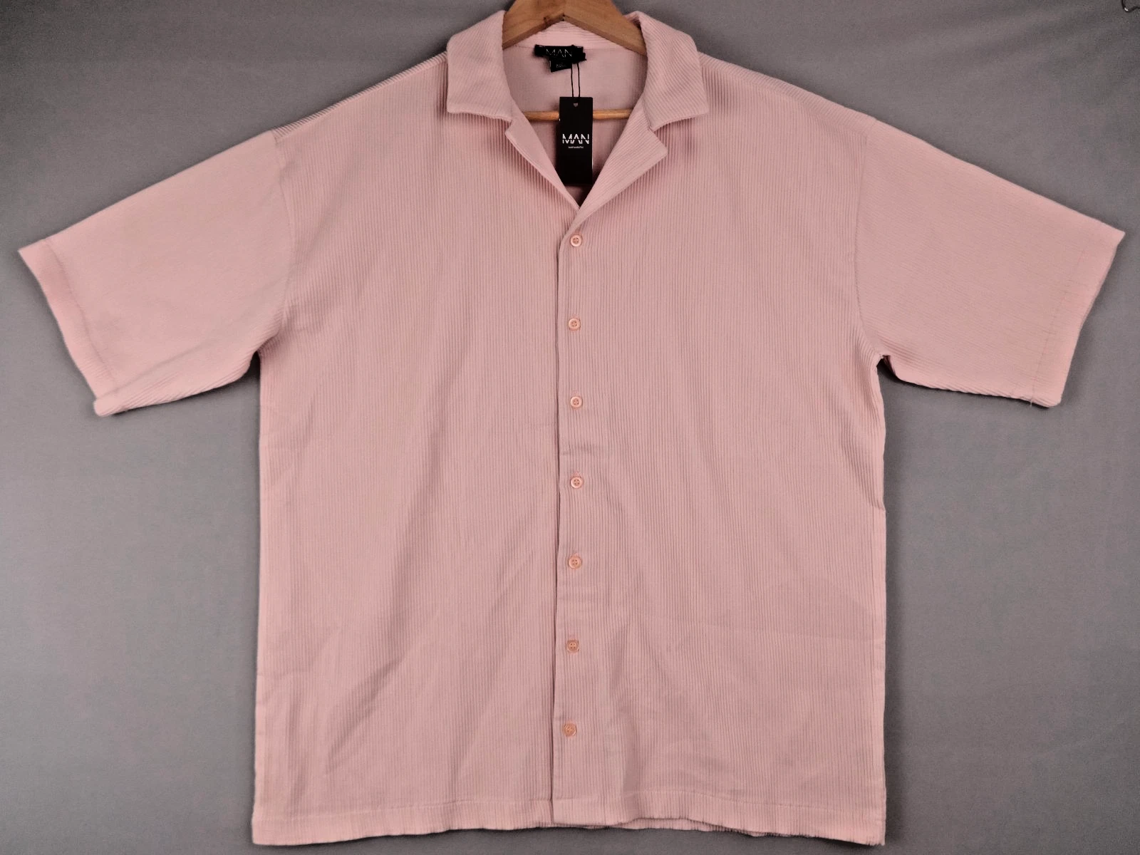 BoohooMAN Shirt Mens XS Pink Ribbed Short Sleeve Button Casual Summer BNWT Y2K