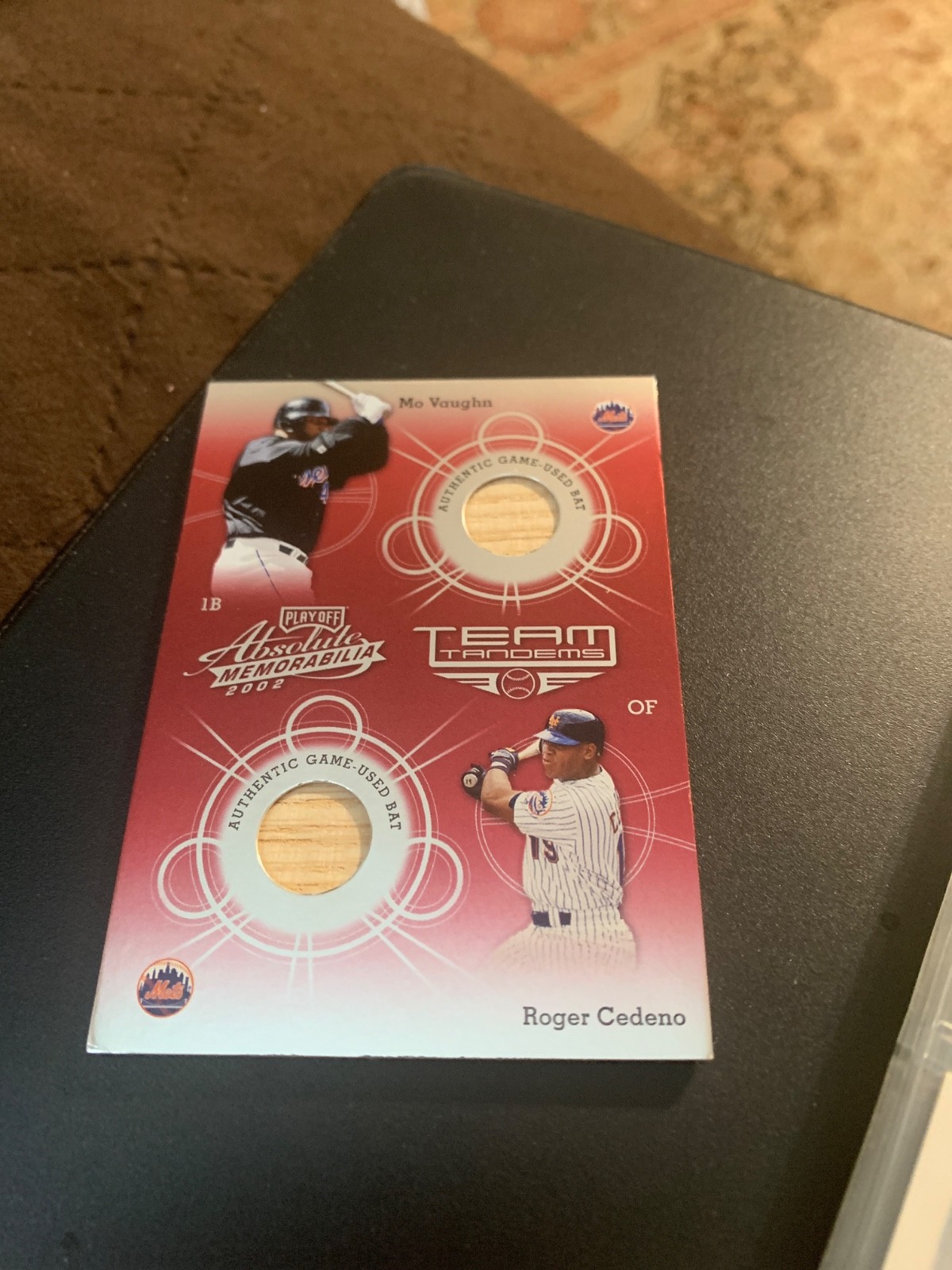 2002 Playoff Absolute Memorabilia Mo Vaughn Roger Cedeno Bat Relic Card NY Mets