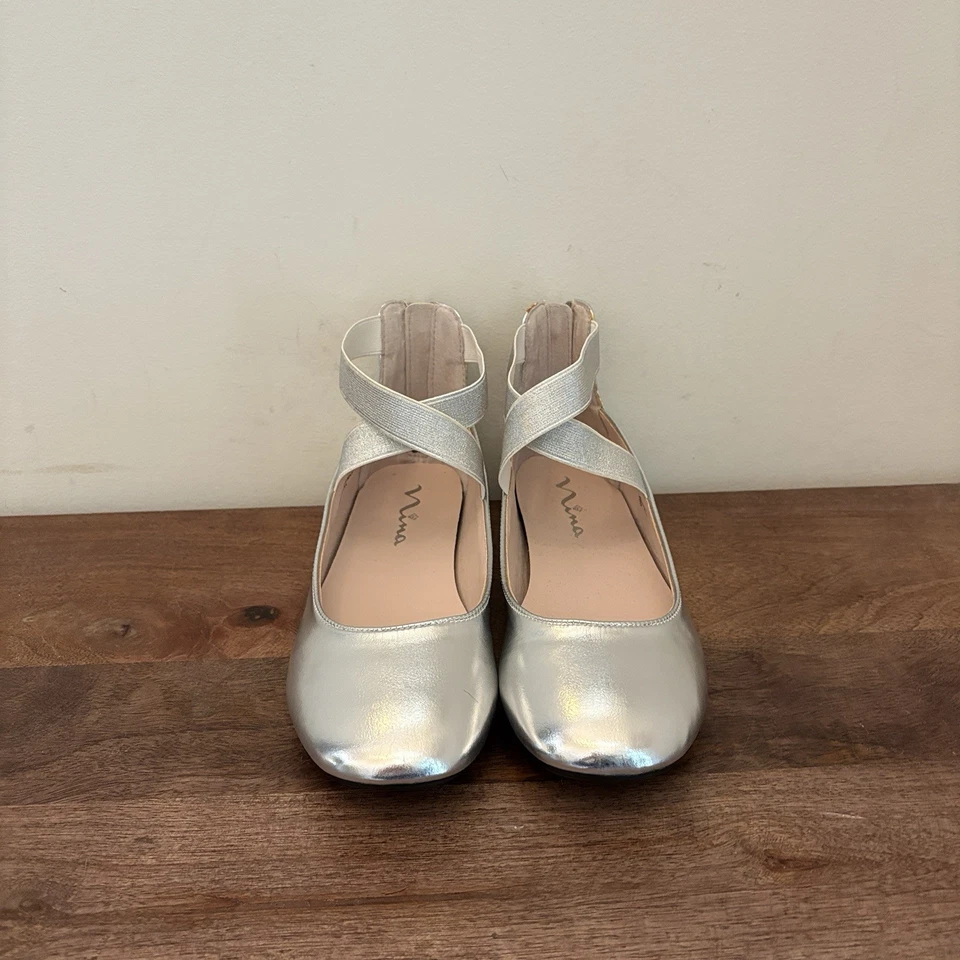 Zapatos planos de ballet metálicos para niños Nina Marissa de cuero con cremallera trasera niñas 5 jóvenes Foto 2 de 4
