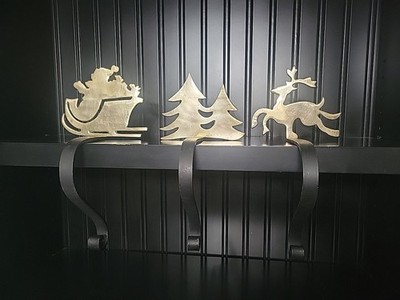 Stocking Holder Brass Gold Set Of 3 - Santa Sleigh Reindeer Christmas Tree