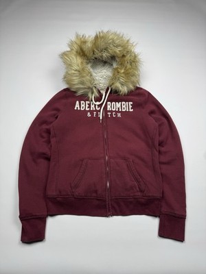 Abercrombie & Fitch ファージャケット Abercrombie Fitch Y2k Faux Fur Woman's Zip Hoodie Burgundy Size L