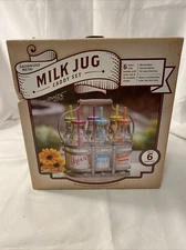 MILK JUG DRINKING GLASS CADDY SET - SET 6 Glass Jugs Canvas bands Straws Metal