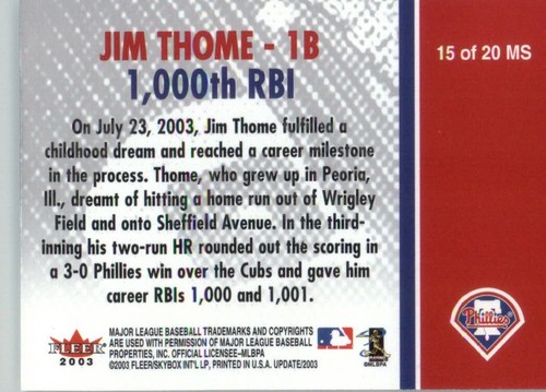 2003 Fleer Tradition - Milestones - #15 of 20 MS Jim Thome - Picture 2 of 2