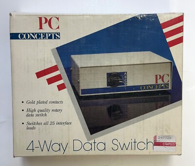 PC Concepts 4 Way Manual Dial Switch DB25 Computer Input-Output ABCD Data Switch