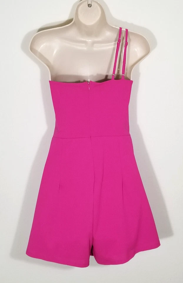 Lulus Women Size XL Hot Pink Romper One Shoulder Double Straps Stretch Lined NEW - Image 4 of 4
