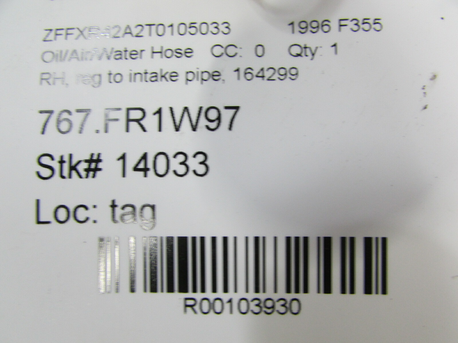 Ferrari F355, RH, Right Regulator to Intake Pipe, Used, P/N 164299