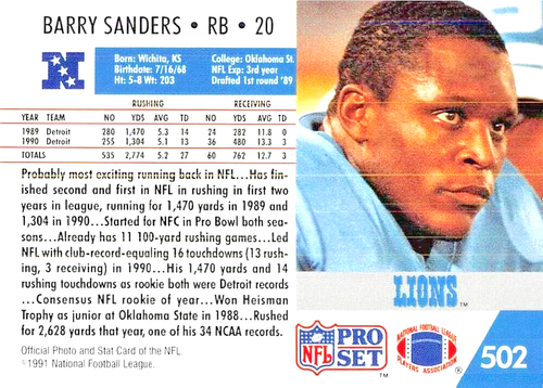 1991 Pro Set #502 Barry Sanders NM-MT Detroit Lions Football - Picture 2 of 2
