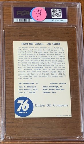 1960 Union Oil Baseball #13 Joe Taylor Seattle Rainiers PSA 3 (MK) Low Pop - Picture 2 of 3