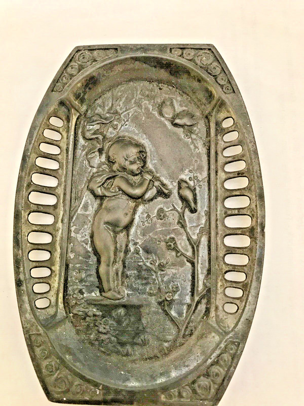 Antique German dish, c.1900. silver/silver plate. Cherub playing flute to birds