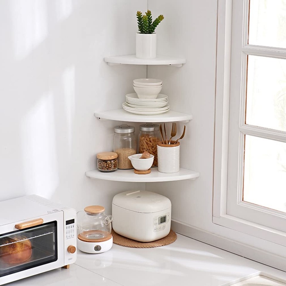 White Corner Shelf, Wall Mount Natural Oak Wood Floating Corner Wall