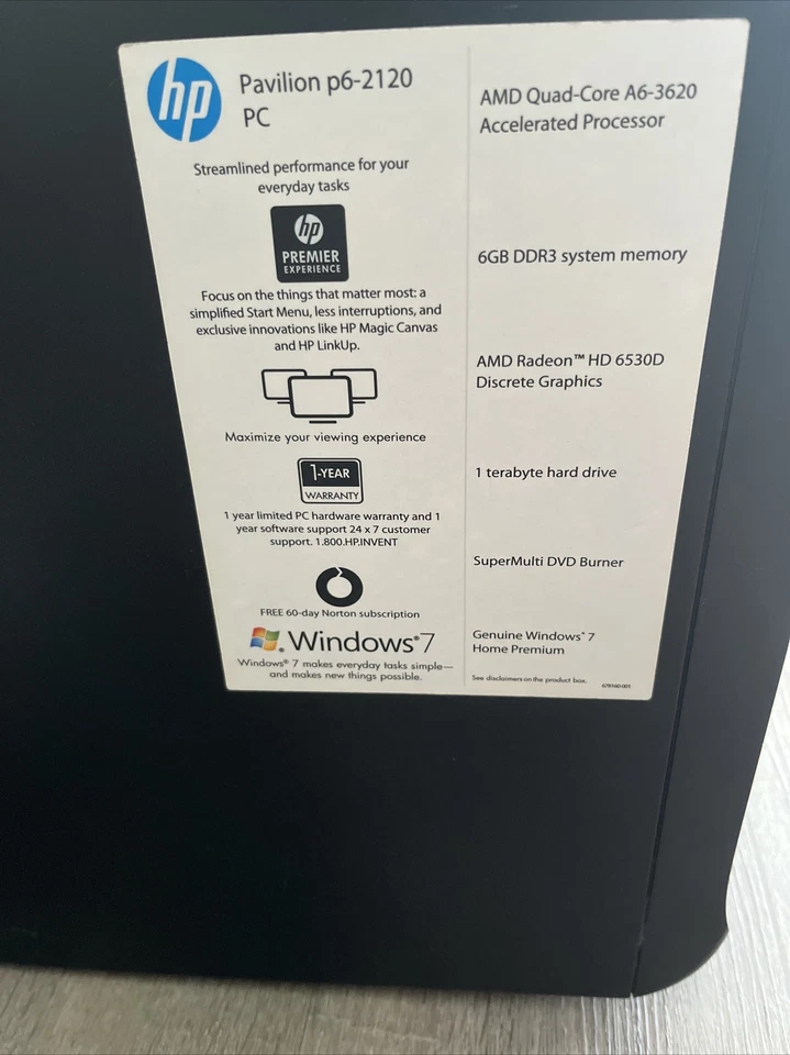 (PAQUETE) HP Pavilion p6-2120 con monitor, teclado y ratón [WINDOWS 10 instalado] Foto 3 de 4