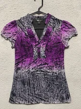 AB Studio Women’s Top Small Lacy Multi-Color Cap Sleeves V-Neck 3-Buttons Lined