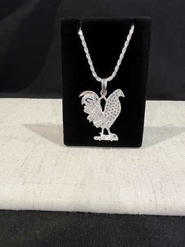 925 Sterling Silver Men CZ Rooster Chicken Gallo Pendant & Rope Chain 20 24 30 - Picture 4 of 6