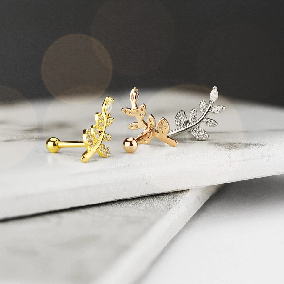 CZ Micro Paved Leaf Top 316L Surgical Steel Cartilage, Tragus Barbell Studs - Image 2 of 2