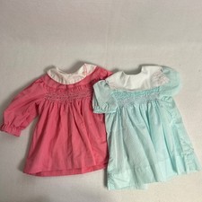 Vintage Carters Kids 12 Months Pink Blue Smocked Peter Pan Collar Dress Lot 2pc
