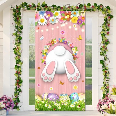 Easter Decorations Bunny Colorful Flowers Eggs Pink Door Cover Banner 35''x71''