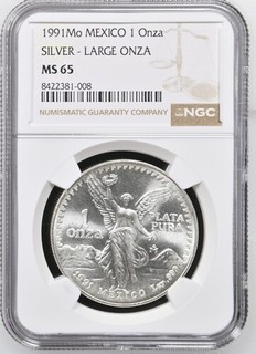 1991 Mo 1 Oz Silver Mexico Libertad NGC MS65. LARGE ONZA!! TYPE 1. NO RESRVE!!