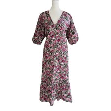 MNG Linda Women’s Dize 6 Dress Midi Pink Floral Puff Sleeve Belted 100% COTTON