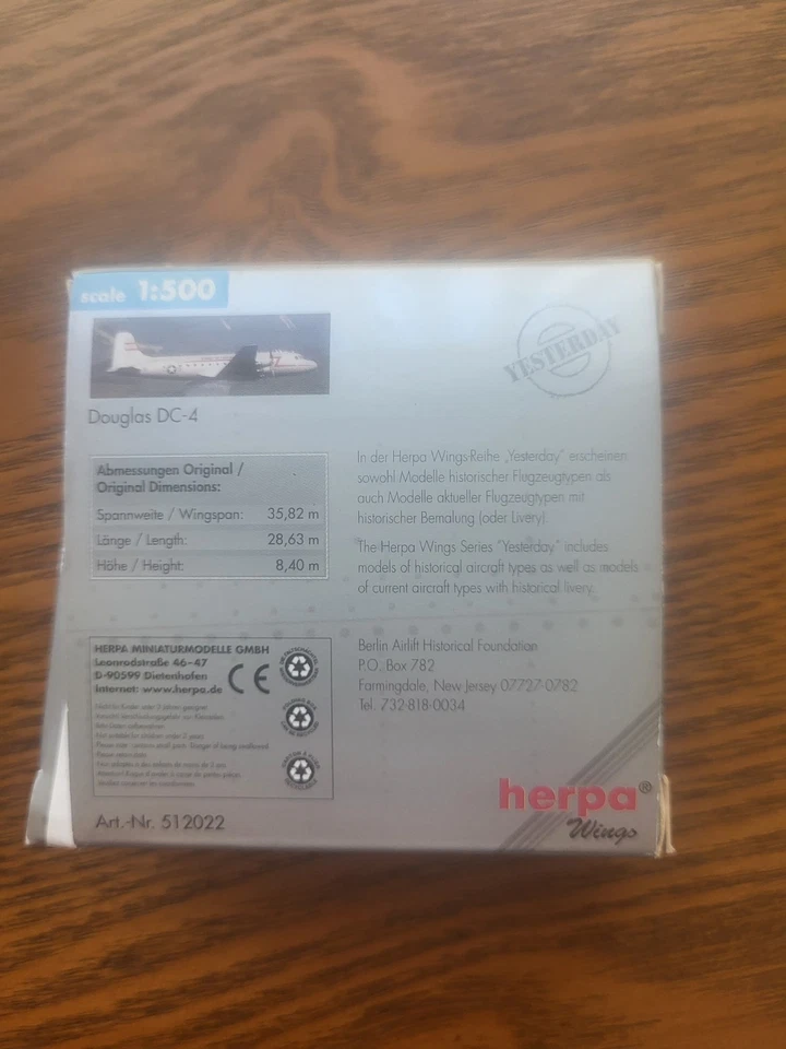 Herpa Berlin Airlift Douglas Dc-4 escala 1:500 diecast modelo avión avión avión Foto 2 de 4