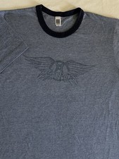 Aerosmith Logo Band T-Shirt Size M Blue Ringer Made in USA Rare Cotton/Poly Soft