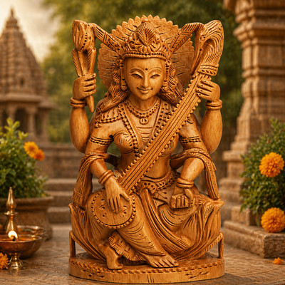4 Inch Wooden Goddess Saraswati Idol for Learning, Success & Positive Energy F/S