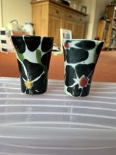 Pair Small Dartington Pottery Vases. Black Rose. Red & Yellow. Janice Tchalenko
