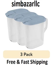 (3 pack) Sterilite 1 Gallon Pitcher, Clear Plastic, Flip-top Spout, Light Blue