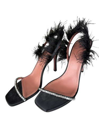 Amina Muaddi Adwoa Feather Crystal Satin Heels Black Size 40 US 10 - Picture 12 of 12