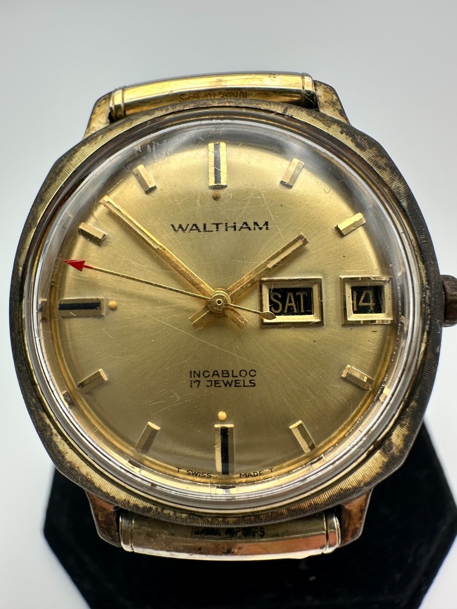 Vtg. WALTHAM Incabloc 17 Jewels, T Swiss Made T, Manual Day-Date